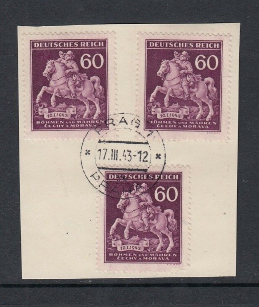 Böhmen & Mähren 3x Mi-Nr. 313 gestempelt auf Briefstück