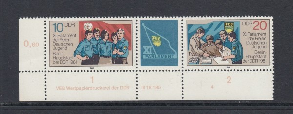 DDR Mi-Nr. 2609-2610 Dreierstreifen - DV Druckvermerk ** postfrisch - Bogenecke